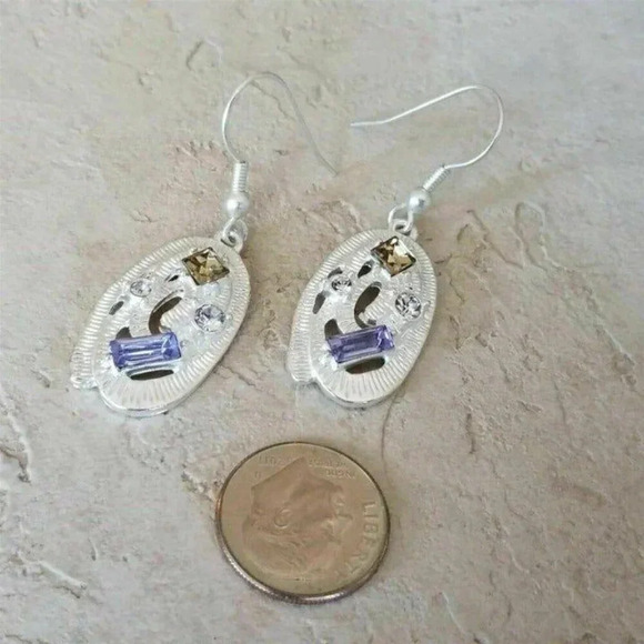 Art Nouveau Sterling Silver Plated Oval Topaz Blue Clear Crystal Dangle Earrings - Picture 5 of 5